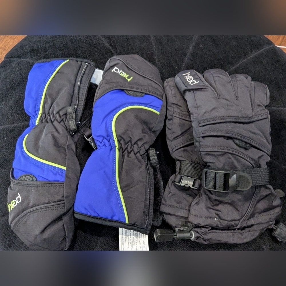 Head snow gloves and mitts bundle. Black/Blue. Youth medium, new without tags.